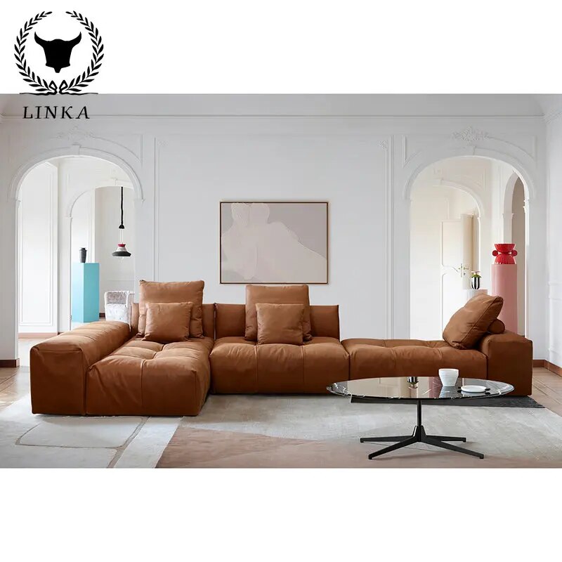 Italian Modern Minimalist Style Leather Thick Cushion Unit Living Room Sofa Combination Amber