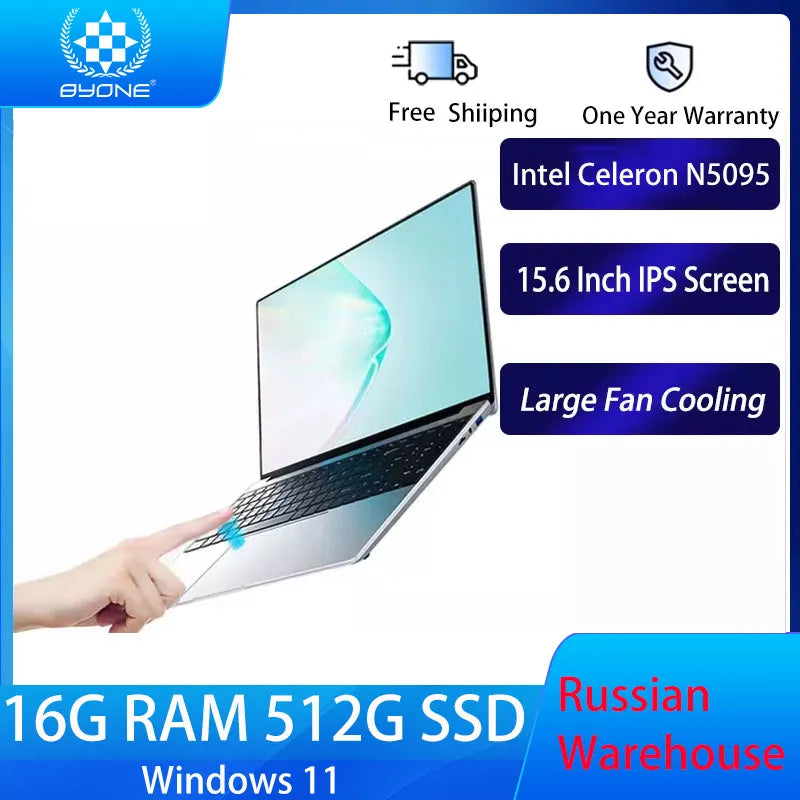 BYONE 15.6 inch Laptop intel Celeron N5095 Fingerprint UnIock Laptop DDR4 16G RAM 512G 1T SSD Windows 11 Thin Gaming Laptops