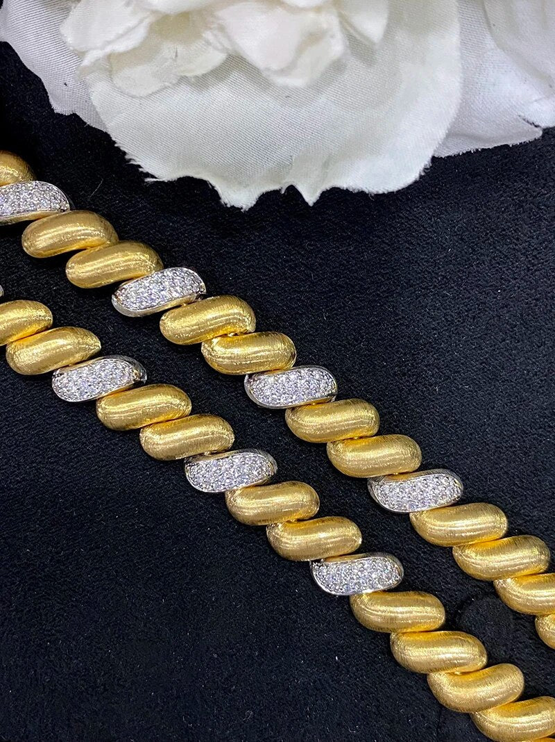LUOWEND 18K White and Yellow Gold 63.9gram Necklace Luxury Cotton Candy Design Real Natural Diamond Chain for Women Party Fine