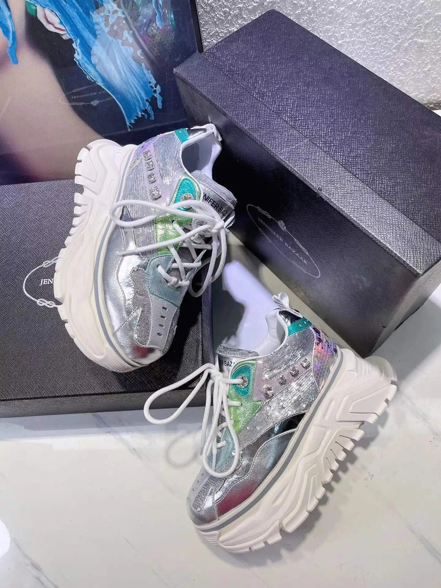 Spring Women's Casual Chunky Shoes Thick Heels Sneakers Female Silver Street Fashion Genuine Leather High Platform Lady Autumn