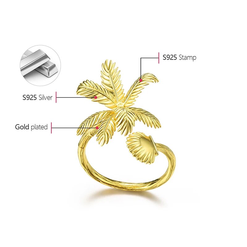 Lotus Fun 18K Gold  Beach View Coconut Trees and Shells Big Adjustable Rings for Women Real 925 Sterling Silver Dating Jewelry