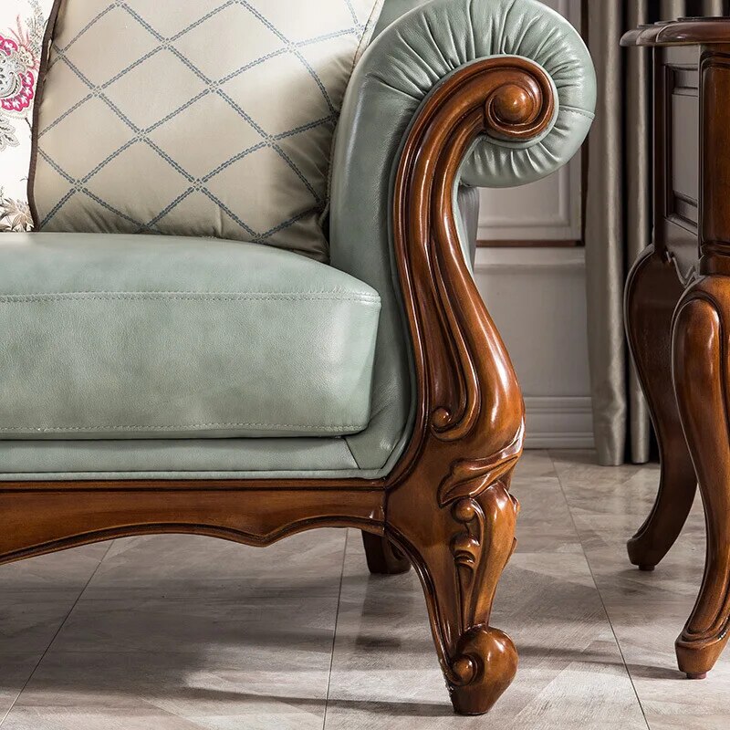 American Leather Sofa All Solid Wood Small Apartment Combination European Style Light Luxury Simple Carved Living Room Furniture