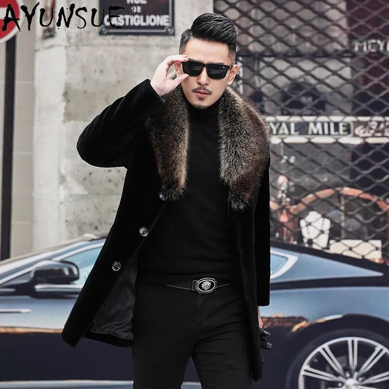Men's Clothing winter Men Jacket Real Raccoon Fur Collar Coat Sheep Shearing Jackets Thick Clothes Ropa Hombre LXR451
