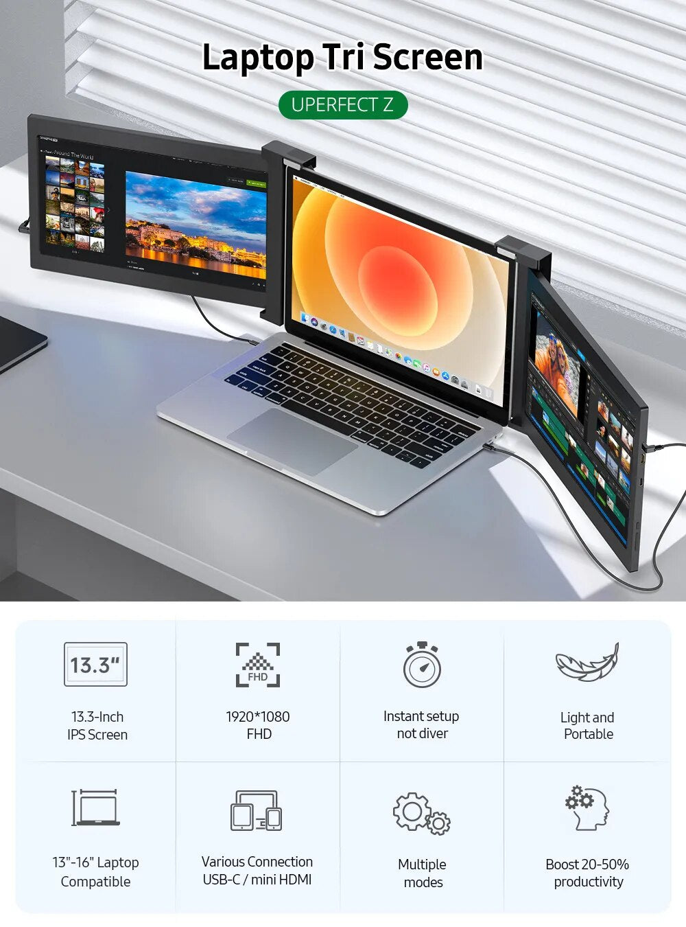 New UPERFECT Z 13.3/14" Triple Portable Monitor For Laptop Full HD IPS 1080P Display Extender Dual Screen For 13"-16.5" Laptops