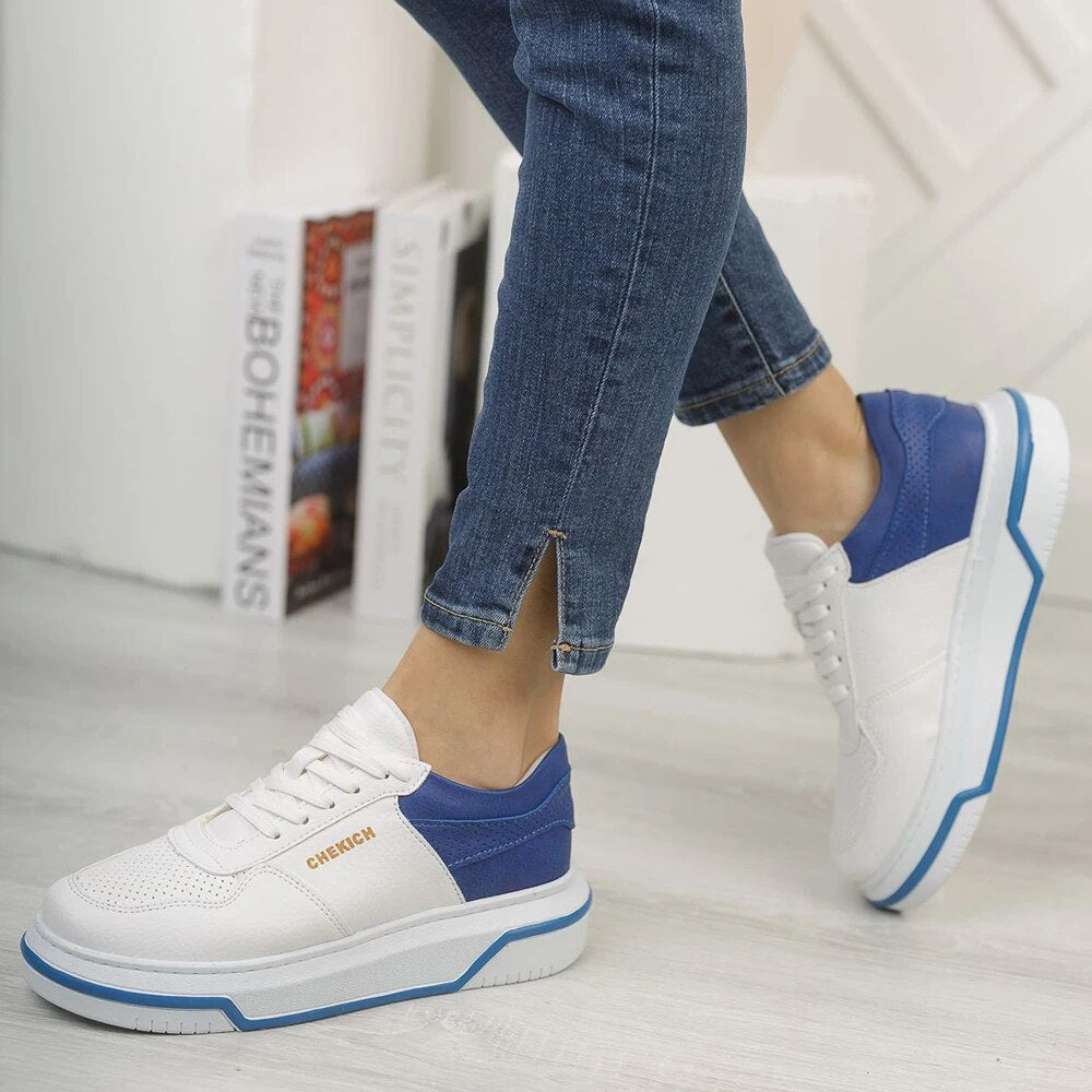 Chekich Women's & Men's Shoes White and Navy Blue Artificial Leather Mixed Color Laces Summer Season Comfortable Sneakers Casual Lightweight Breathable Odorless Wedding Office Sport High Sole Footwears CH075 Women V4