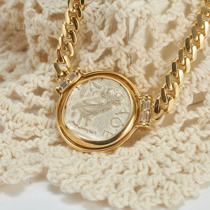Byzantine 18K Gold Athena Authentic Ancient Roman Coin Natural Diamond 0.43ct Artifact Reversible Medallion Pendant Necklace