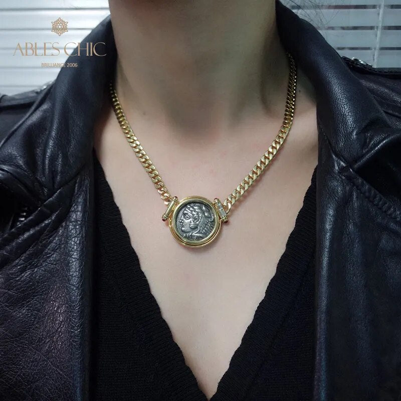 Byzantine Alexandra III 18K Gold Authentic Ancient Coin Pendant Diamond 0.548ct Ruby 0.46ct Medallion Necklace 41cm 81.7g
