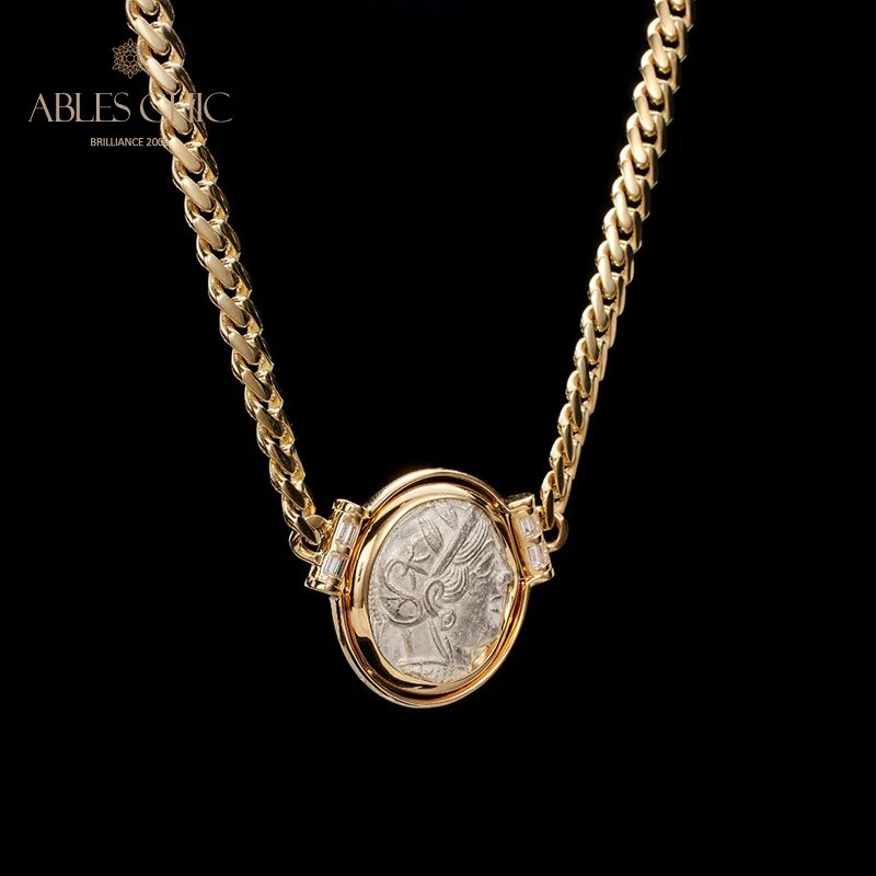 Byzantine 18K Gold Athena Authentic Ancient Roman Coin Natural Diamond 0.43ct Artifact Reversible Medallion Pendant Necklace