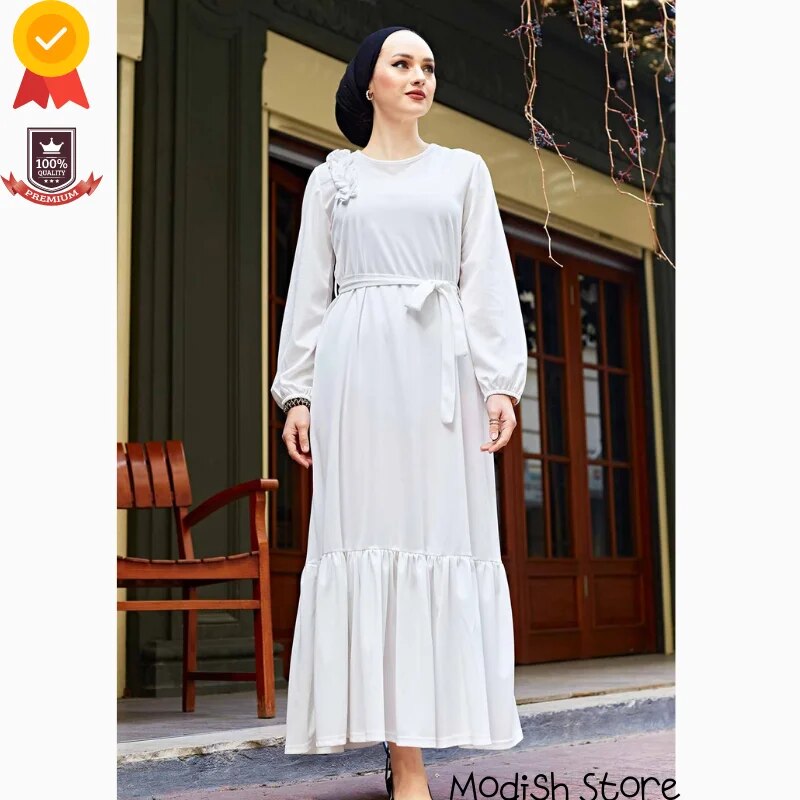 Shoulder Frilly Four Seasons Dress For Women 2021 Turkish Women's Clothing Abaya Dubai Turkey Muslim Hijab Dress Kaftan Arabic