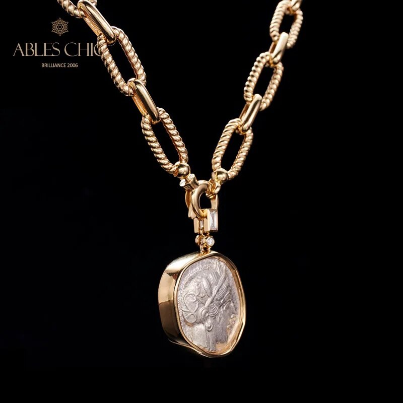 Byzantine 18K Gold Authentic Ancient Lira Athena Coin Pendant Diamond 0.23ct Artifact Reversible Medallion Necklace 46.51g