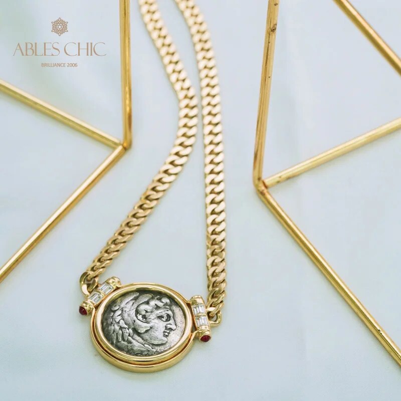 Byzantine Alexandra III 18K Gold Authentic Ancient Coin Pendant Diamond 0.548ct Ruby 0.46ct Medallion Necklace 41cm 81.7g