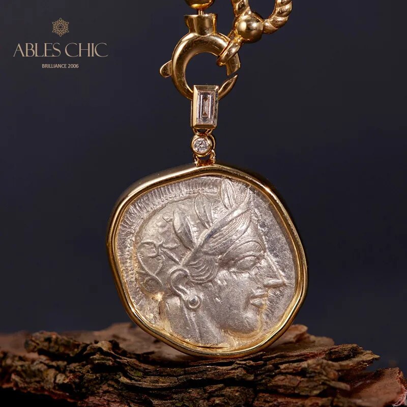 Byzantine 18K Gold Authentic Ancient Lira Athena Coin Pendant Diamond 0.23ct Artifact Reversible Medallion Necklace 46.51g