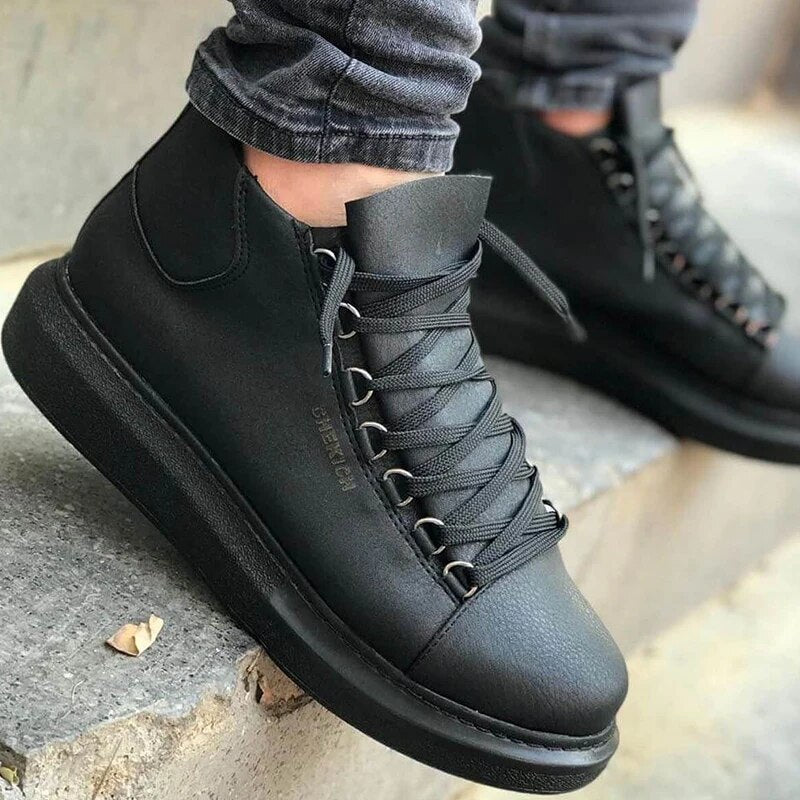 Chekich Women's and Men's Shoes Black Color Artificial Leather Winter Autumn Seasons Lace Up Sneakers Ladies & Gentlemens Ankle Fashion Solid Wedding Basic Boots Flexible Footwear Office Wedding New Travel CH258 V6