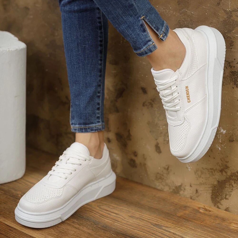 Chekich Women's & Men's Shoes White and Navy Blue Artificial Leather Mixed Color Laces Summer Season Comfortable Sneakers Casual Lightweight Breathable Odorless Wedding Office Sport High Sole Footwears CH075 Women V4