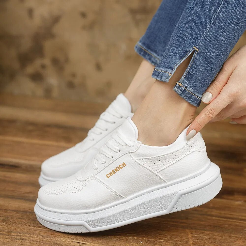 Chekich Women's & Men's Shoes White and Navy Blue Artificial Leather Mixed Color Laces Summer Season Comfortable Sneakers Casual Lightweight Breathable Odorless Wedding Office Sport High Sole Footwears CH075 Women V4