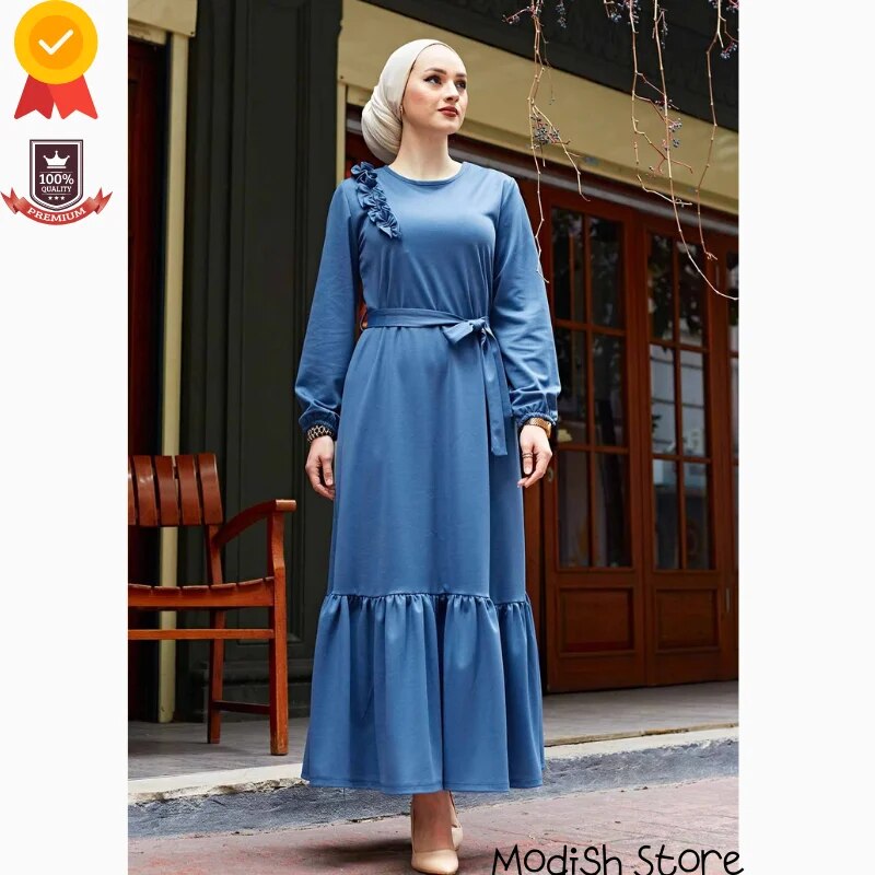 Shoulder Frilly Four Seasons Dress For Women 2021 Turkish Women's Clothing Abaya Dubai Turkey Muslim Hijab Dress Kaftan Arabic