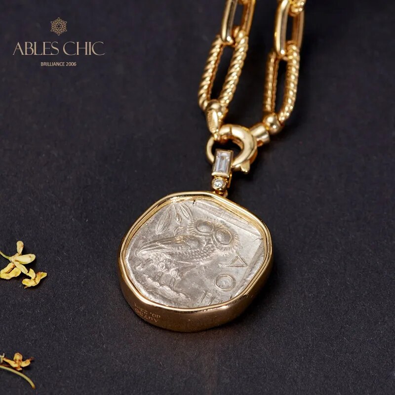 Byzantine 18K Gold Authentic Ancient Lira Athena Coin Pendant Diamond 0.23ct Artifact Reversible Medallion Necklace 46.51g