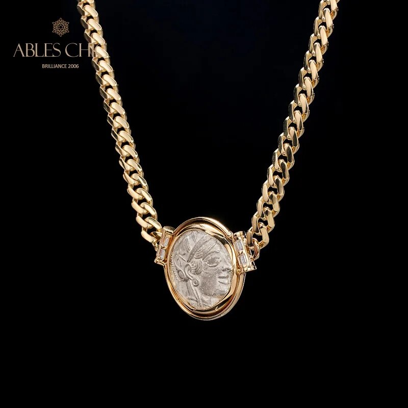 Byzantine 18K Gold Athena Authentic Ancient Roman Coin Natural Diamond 0.43ct Artifact Reversible Medallion Pendant Necklace