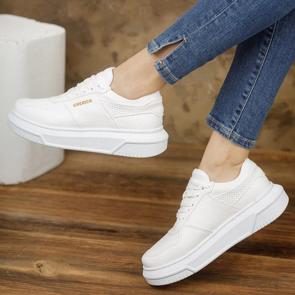 Chekich Women's & Men's Shoes White and Navy Blue Artificial Leather Mixed Color Laces Summer Season Comfortable Sneakers Casual Lightweight Breathable Odorless Wedding Office Sport High Sole Footwears CH075 Women V4