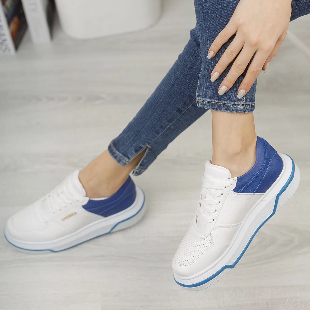 Chekich Women's & Men's Shoes White and Navy Blue Artificial Leather Mixed Color Laces Summer Season Comfortable Sneakers Casual Lightweight Breathable Odorless Wedding Office Sport High Sole Footwears CH075 Women V4