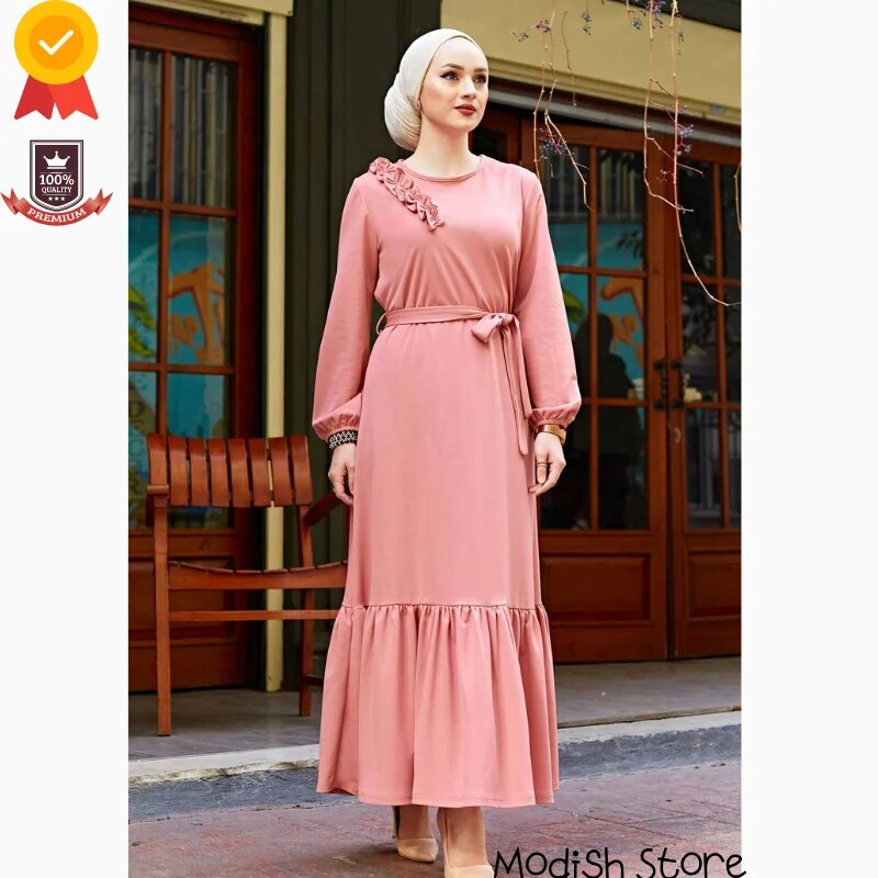 Shoulder Frilly Four Seasons Dress For Women 2021 Turkish Women's Clothing Abaya Dubai Turkey Muslim Hijab Dress Kaftan Arabic
