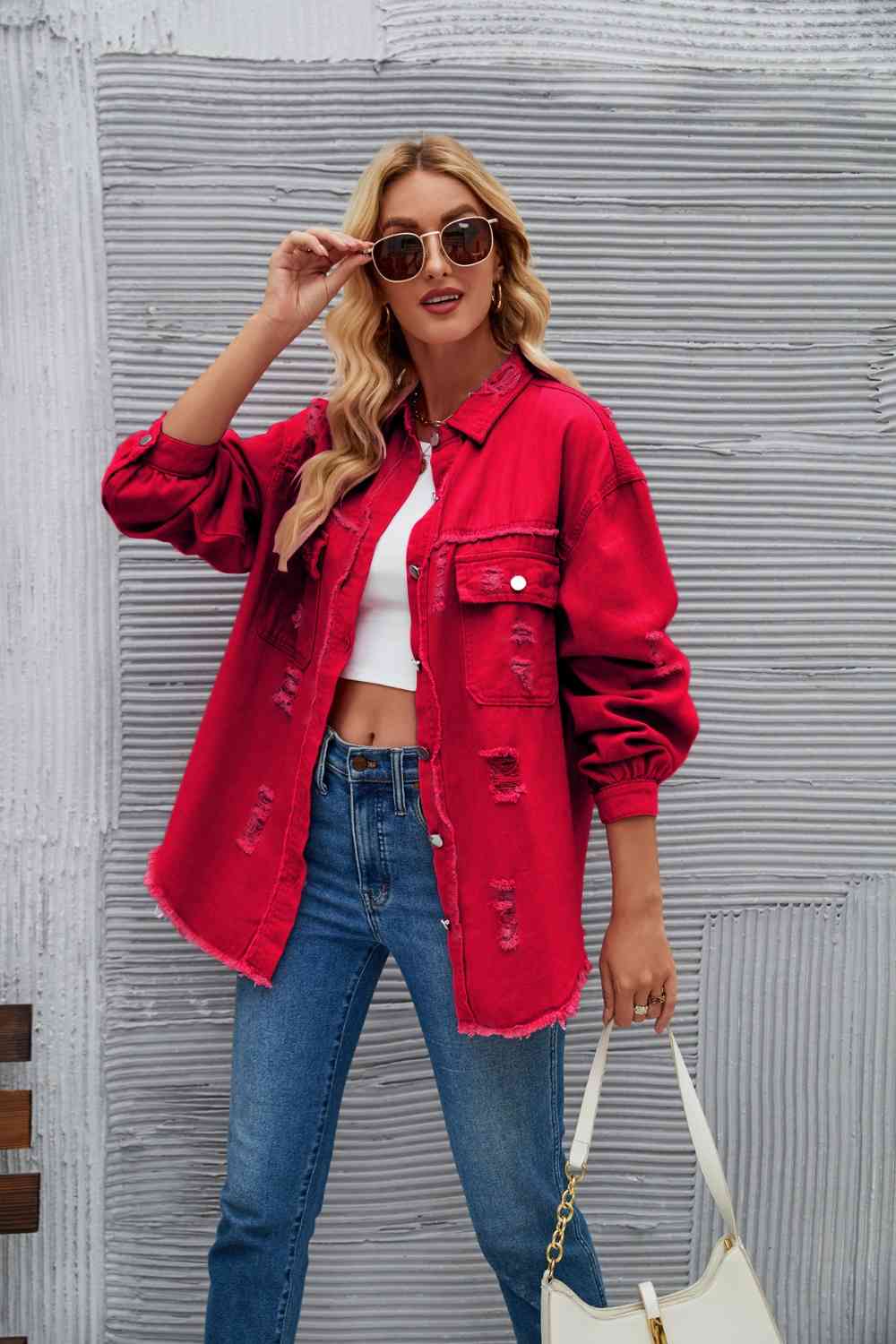 Distressed Raw Hem Denim Jacket - KAISERINC