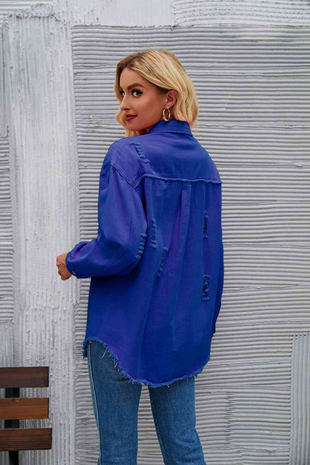 Distressed Raw Hem Denim Jacket - KAISERINC
