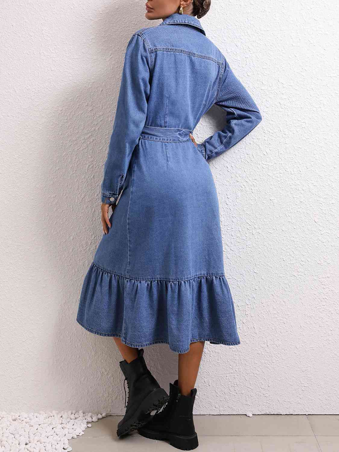 Collared Neck Button Down Denim Dress - KAISERINC