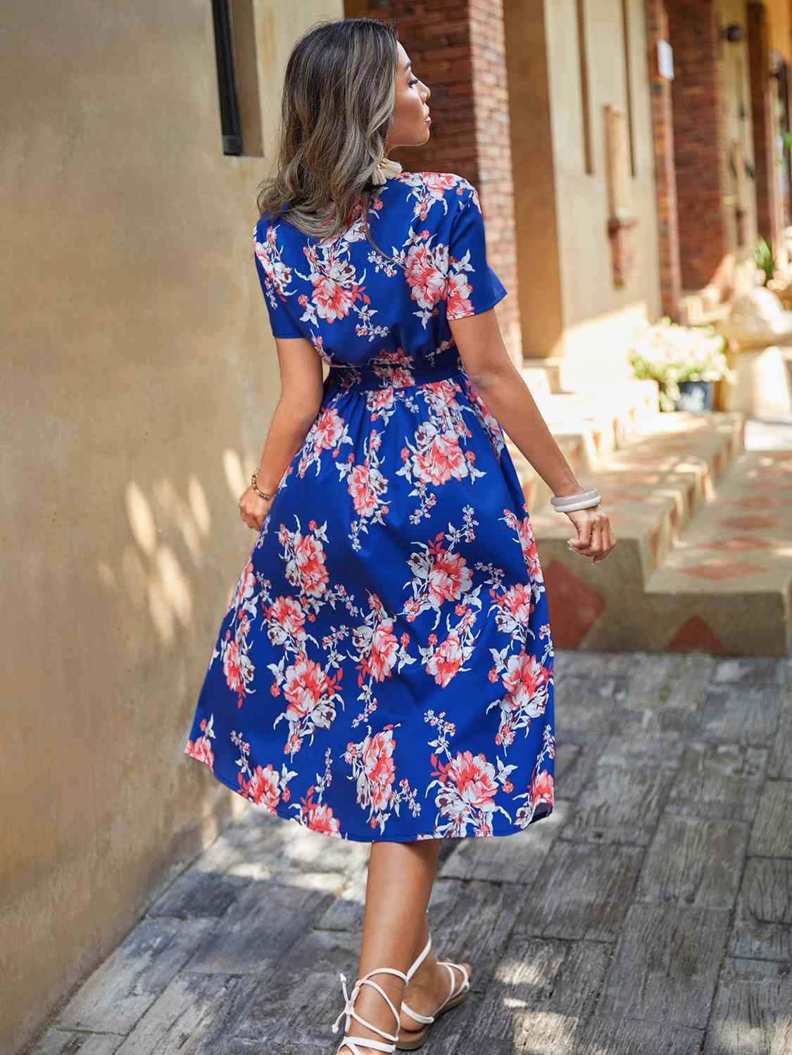 Elastic Waist V Neck Floral Print Midi Dress - KAISERINC