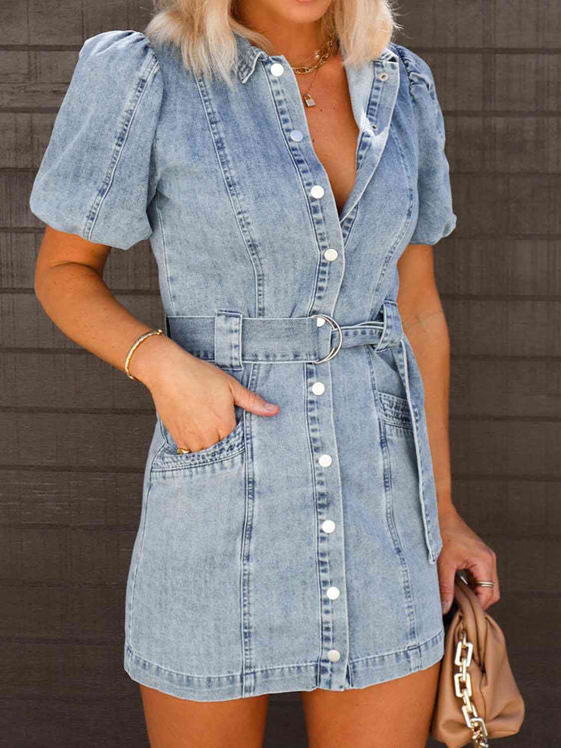 Puff Sleeve Button Up Mini Denim Dress - KAISERINC