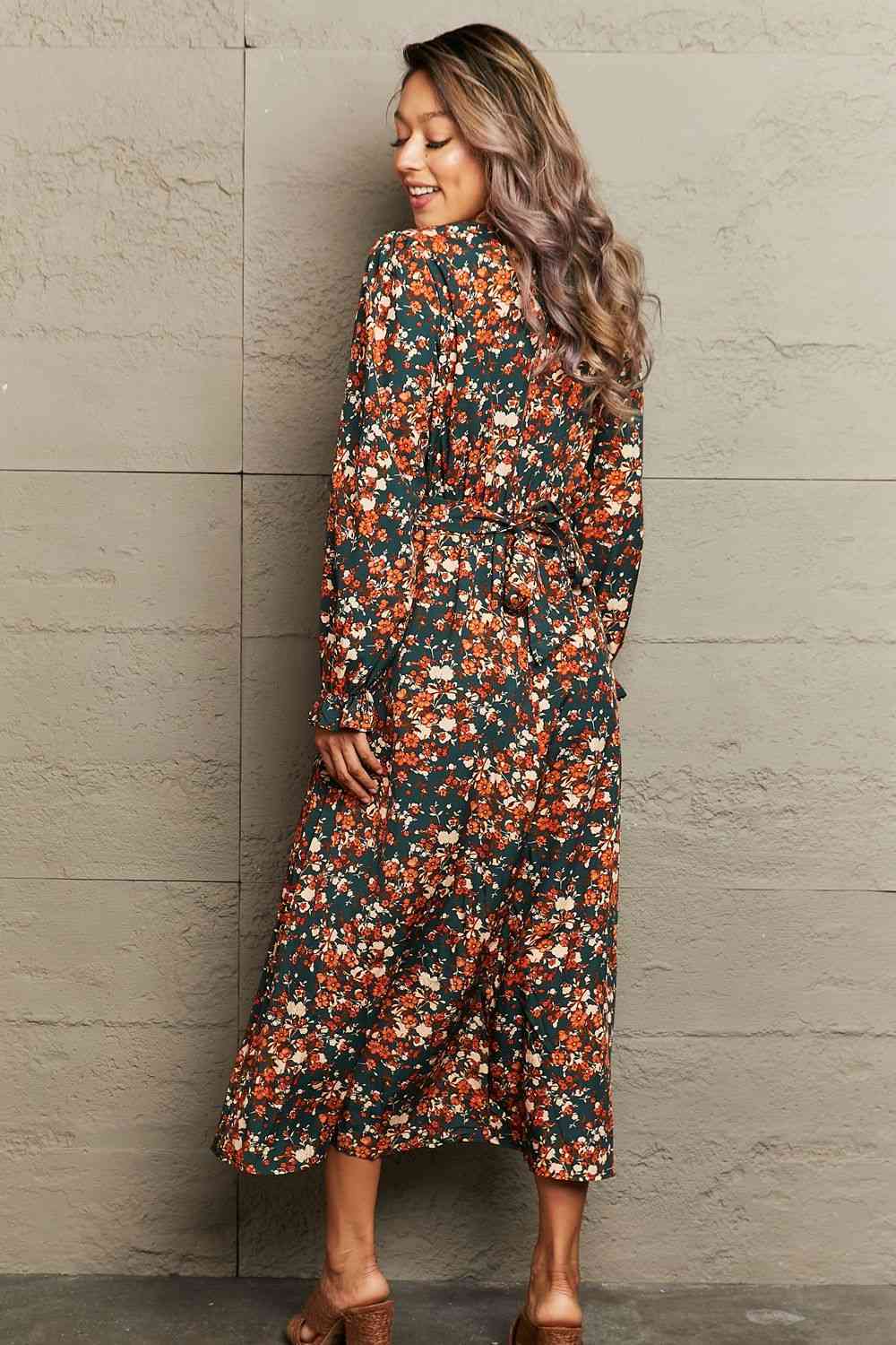 Printed Surplice Neck Long Sleeve Dress - KAISERINC