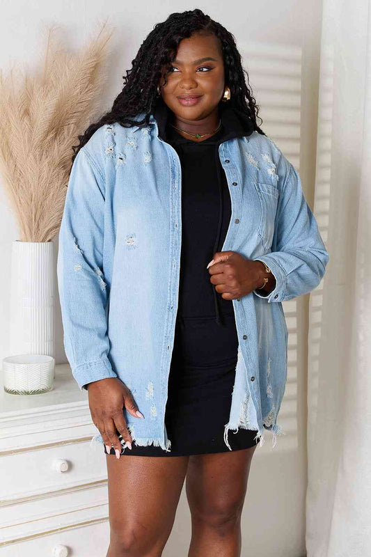 RISEN Full Size Distressed Raw Hem Denim Jacket - KAISERINC