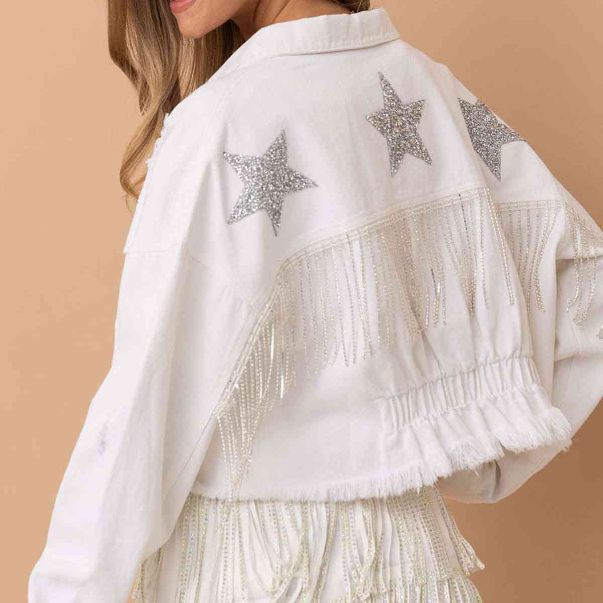 Star Raw Hem Fringe Detail Denim Jacket - KAISERINC