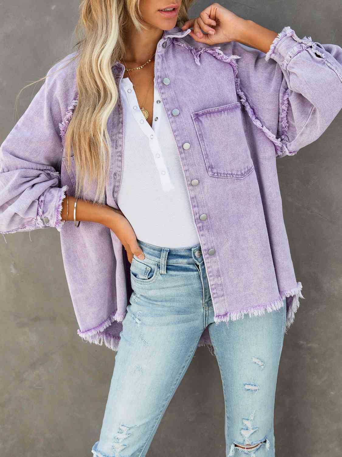 Button Down Raw Hem Denim Jacket - KAISERINC