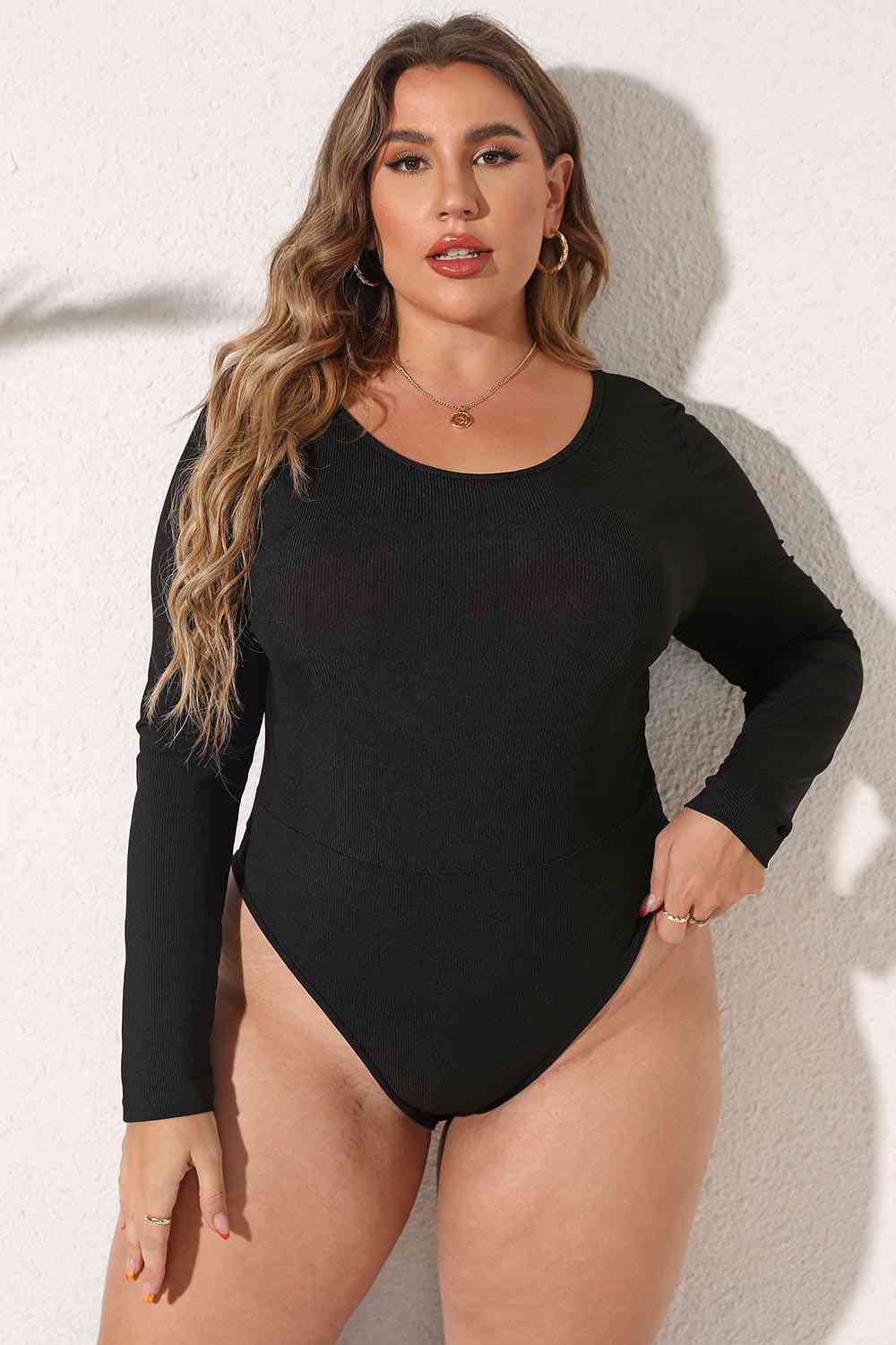 Plus Size Round Neck Long Sleeve Bodysuit - KAISERINC