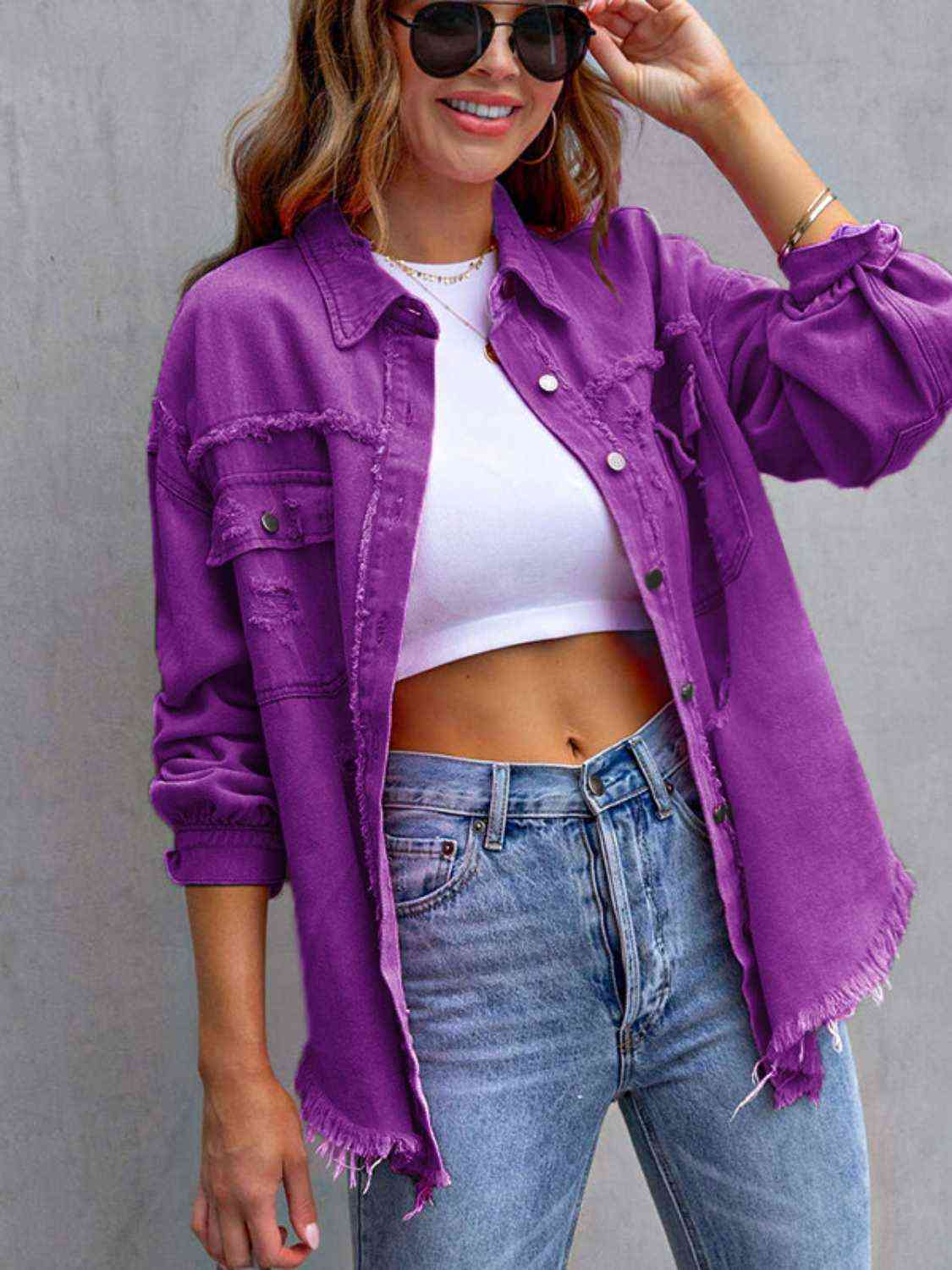 Distressed Drop Shoulder Denim Jacket - KAISERINC