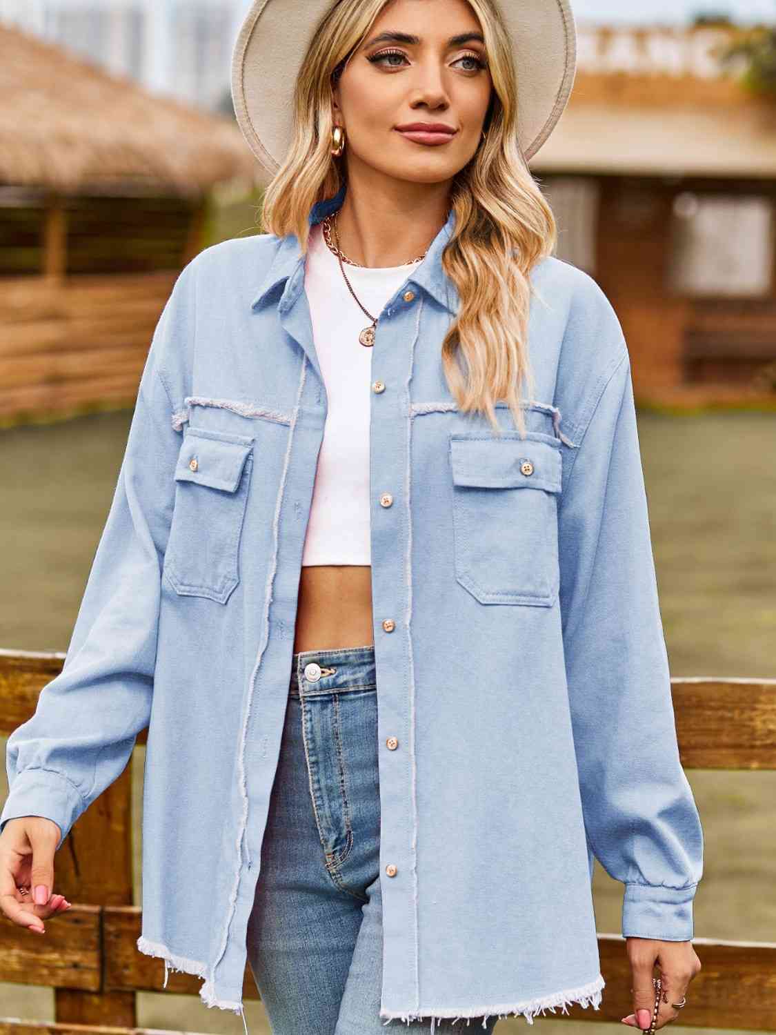 Button Up Collared Neck Raw Hem Denim Top - KAISERINC