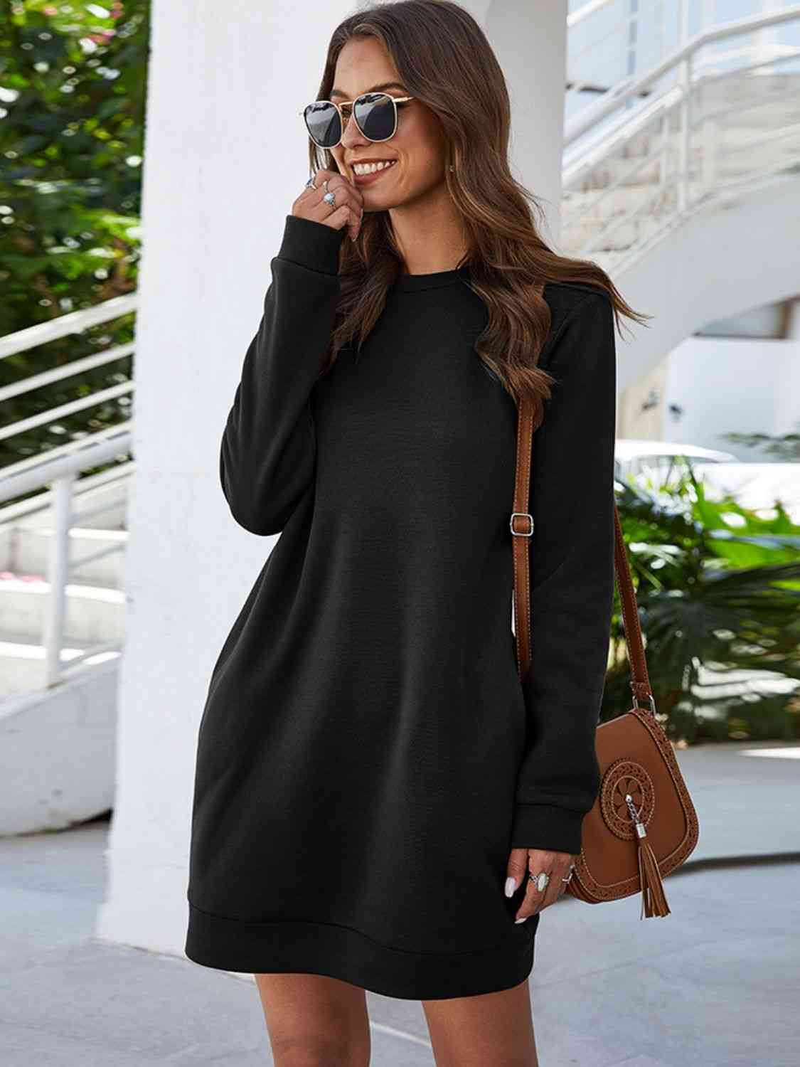 Round Neck Long Sleeve Mini Dress with Pockets - KAISERINC