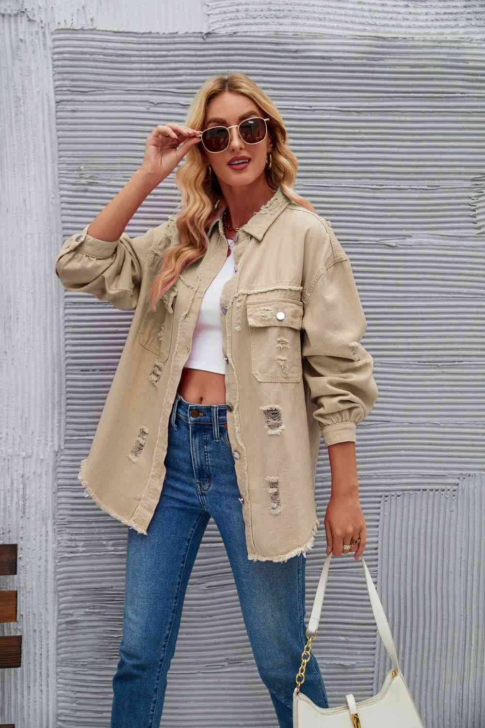 Distressed Raw Hem Denim Jacket - KAISERINC