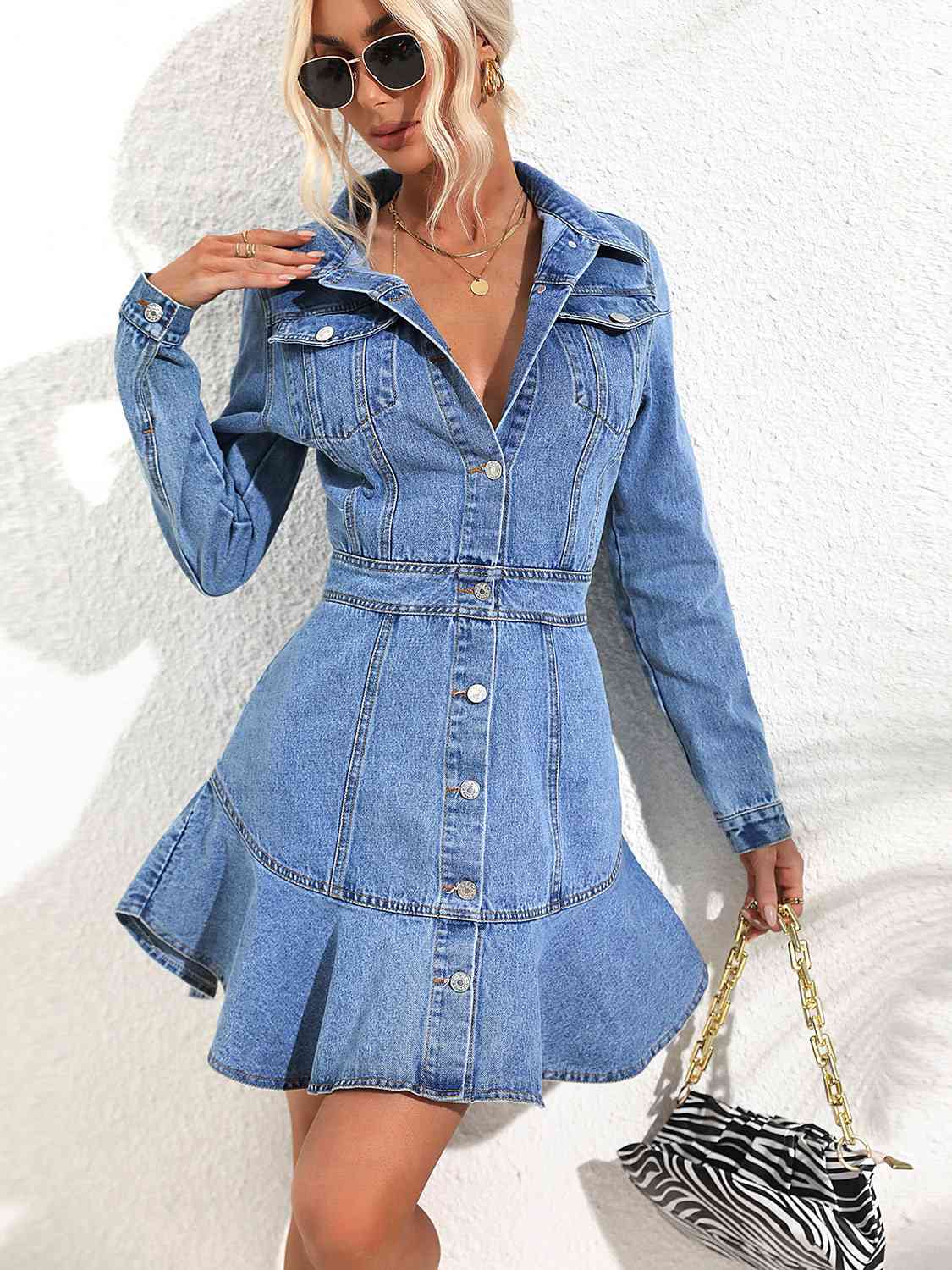 Collared Neck Button Down Denim Dress - KAISERINC