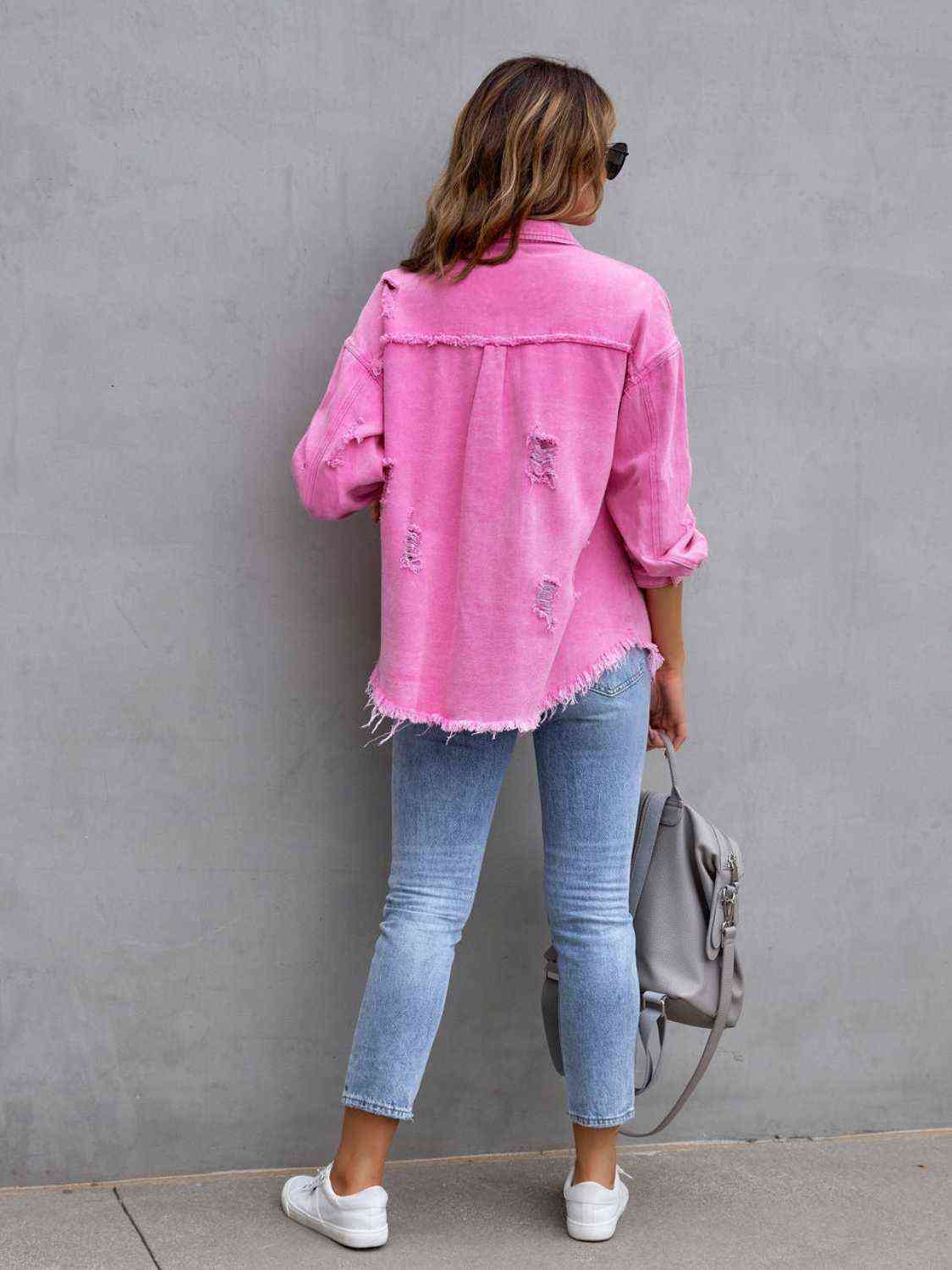 Distressed Drop Shoulder Denim Jacket - KAISERINC