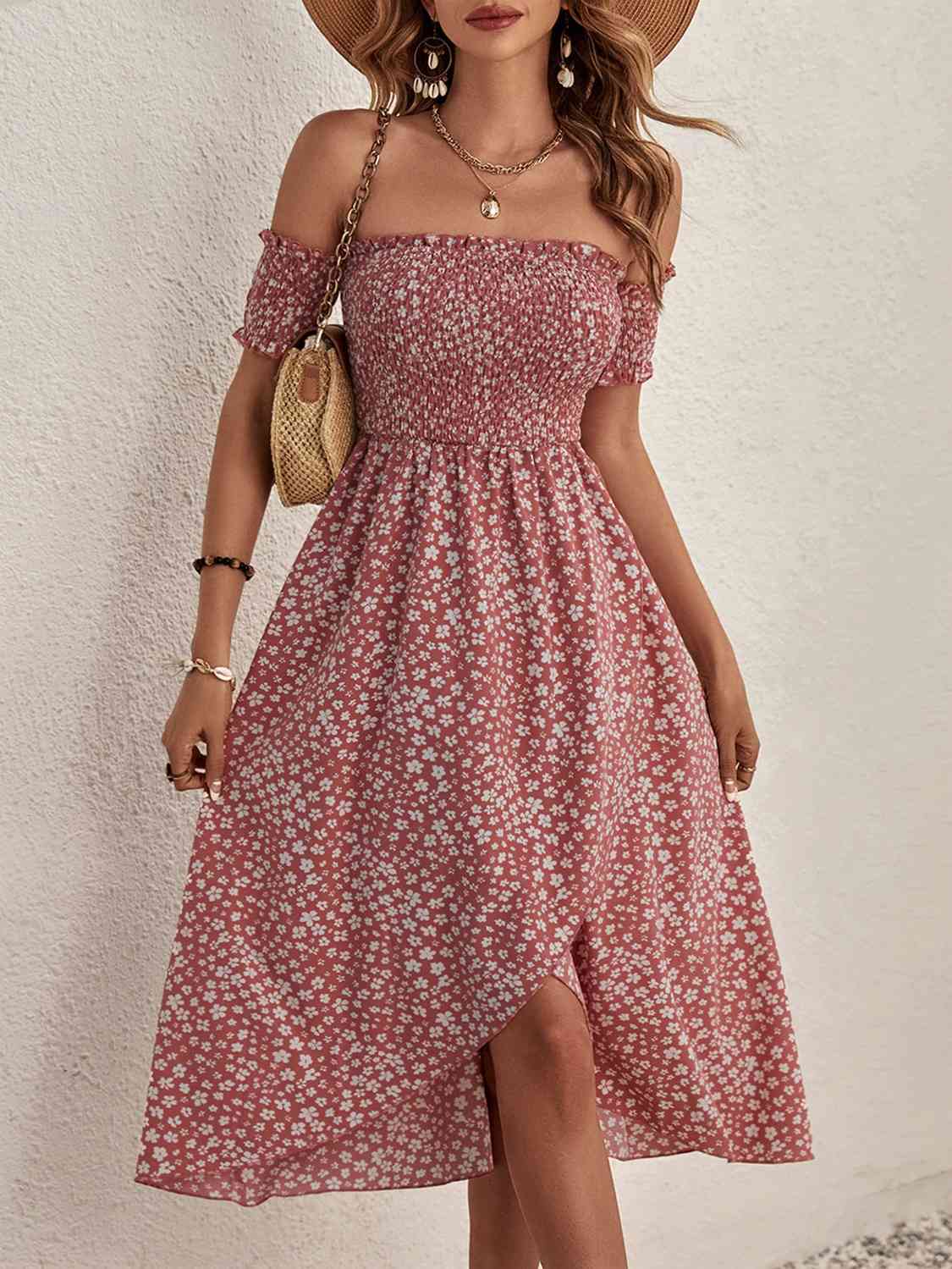 Straight Neckline Elastic Floral Dress - KAISERINC