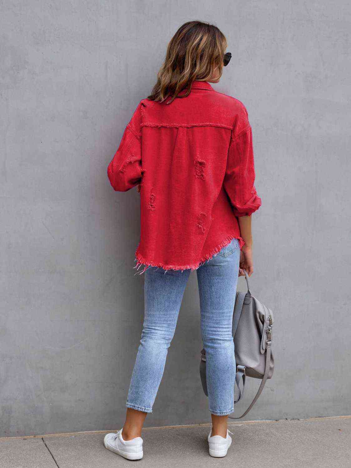 Distressed Drop Shoulder Denim Jacket - KAISERINC