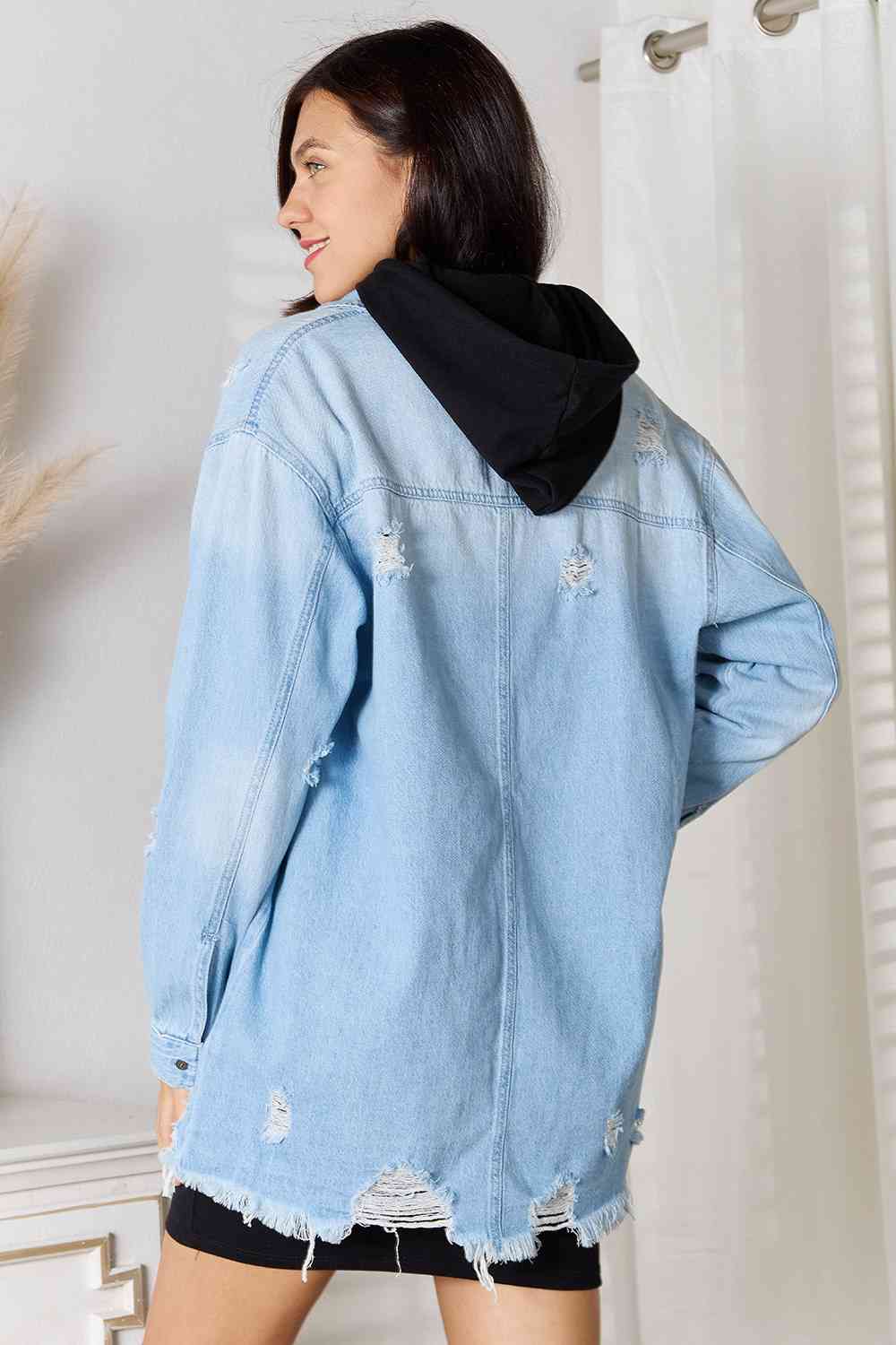 RISEN Full Size Distressed Raw Hem Denim Jacket - KAISERINC