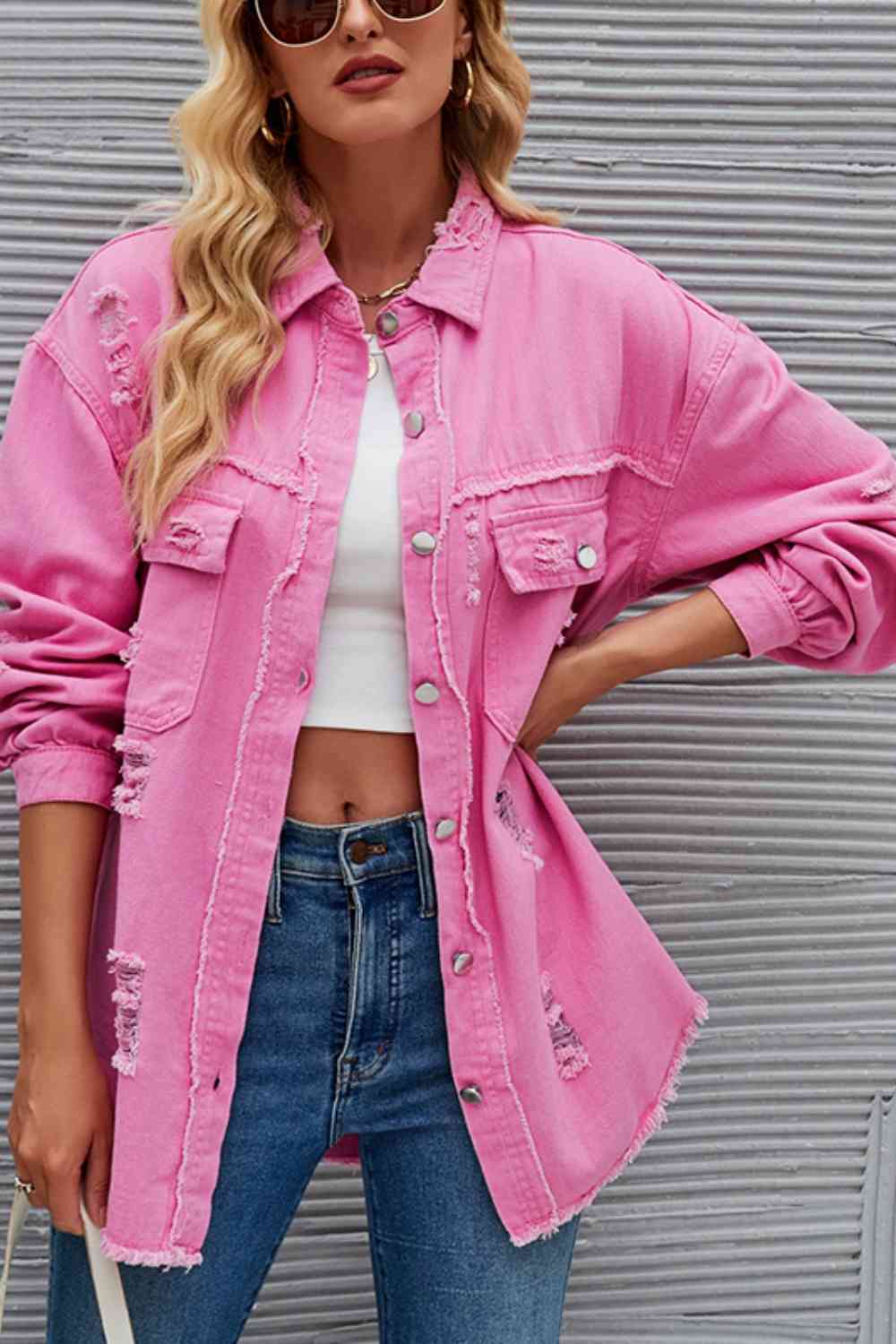 Distressed Raw Hem Denim Jacket - KAISERINC