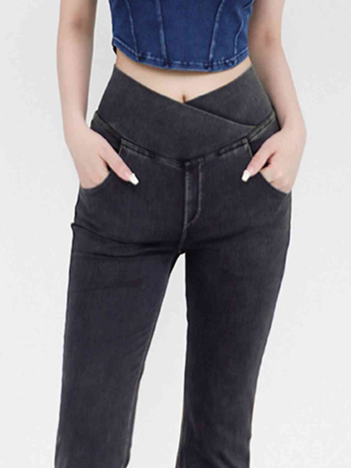 Wide Waistband Bootcut Jeans with Pockets - KAISERINC
