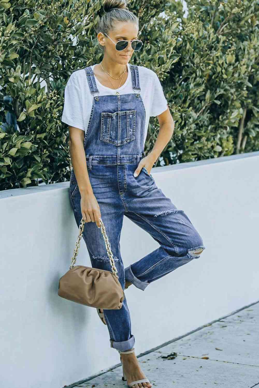 Pocketed Distressed Denim Overalls - KAISERINC