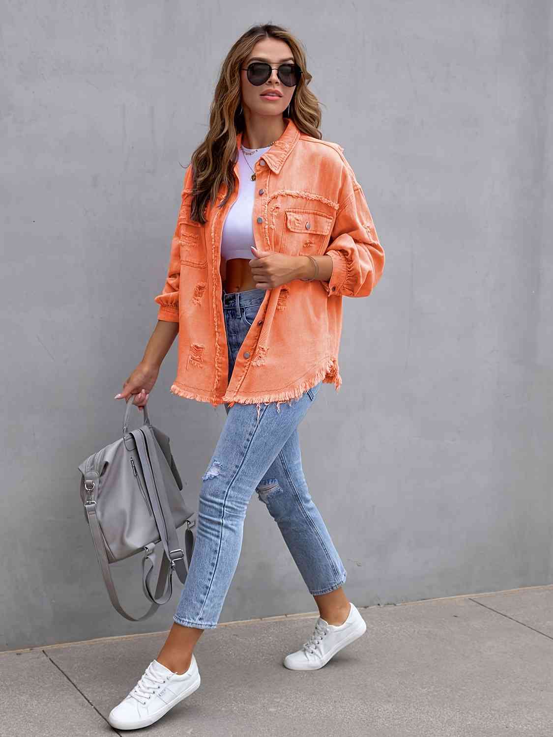 Distressed Drop Shoulder Denim Jacket - KAISERINC