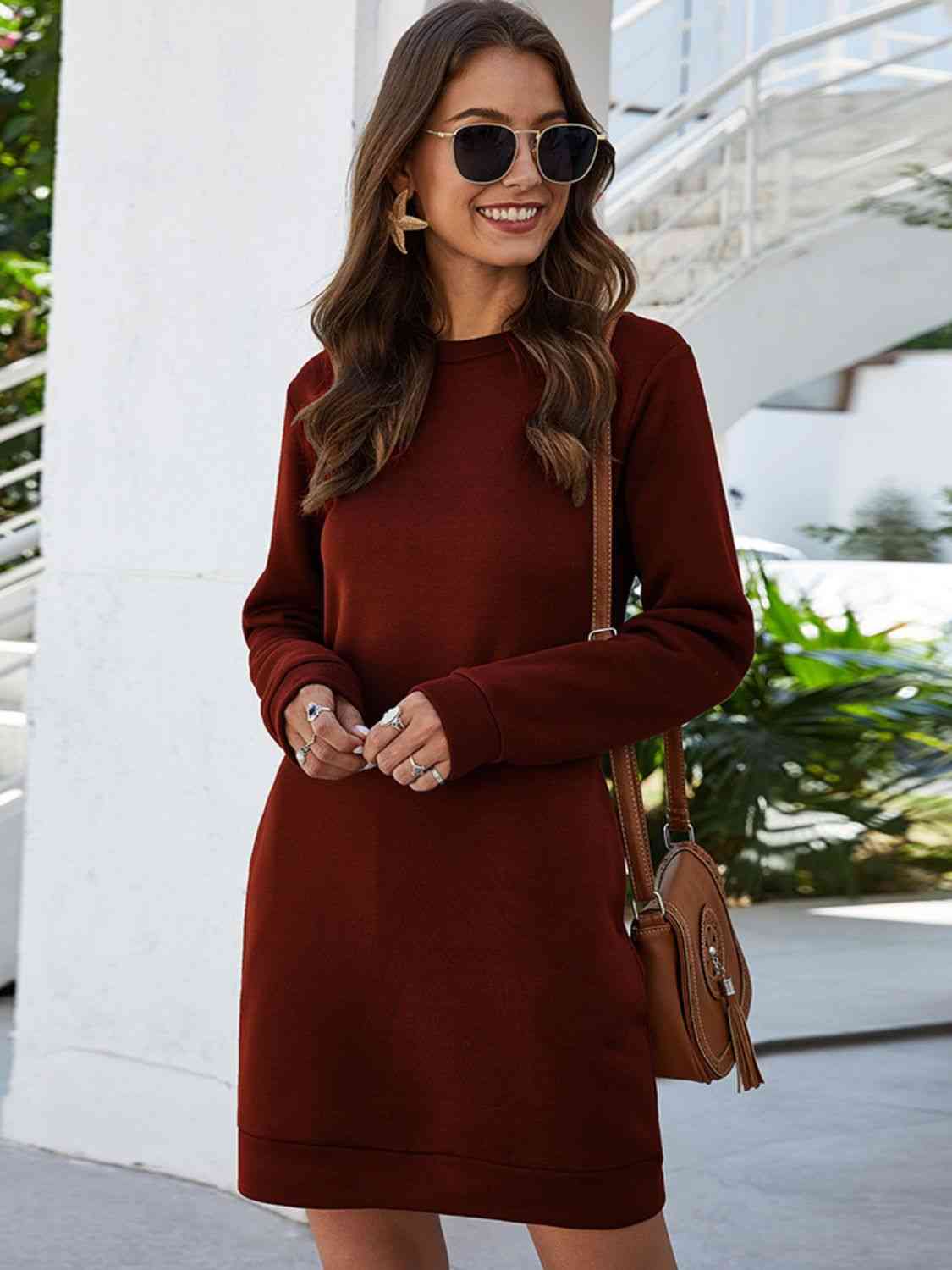 Round Neck Long Sleeve Mini Dress with Pockets - KAISERINC