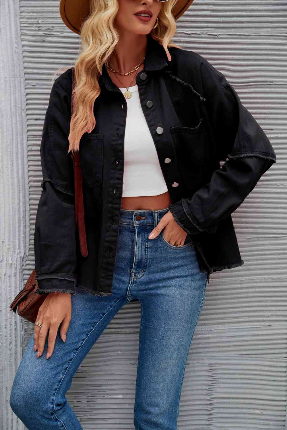 Raw Hem Collared Denim Jacket - KAISERINC
